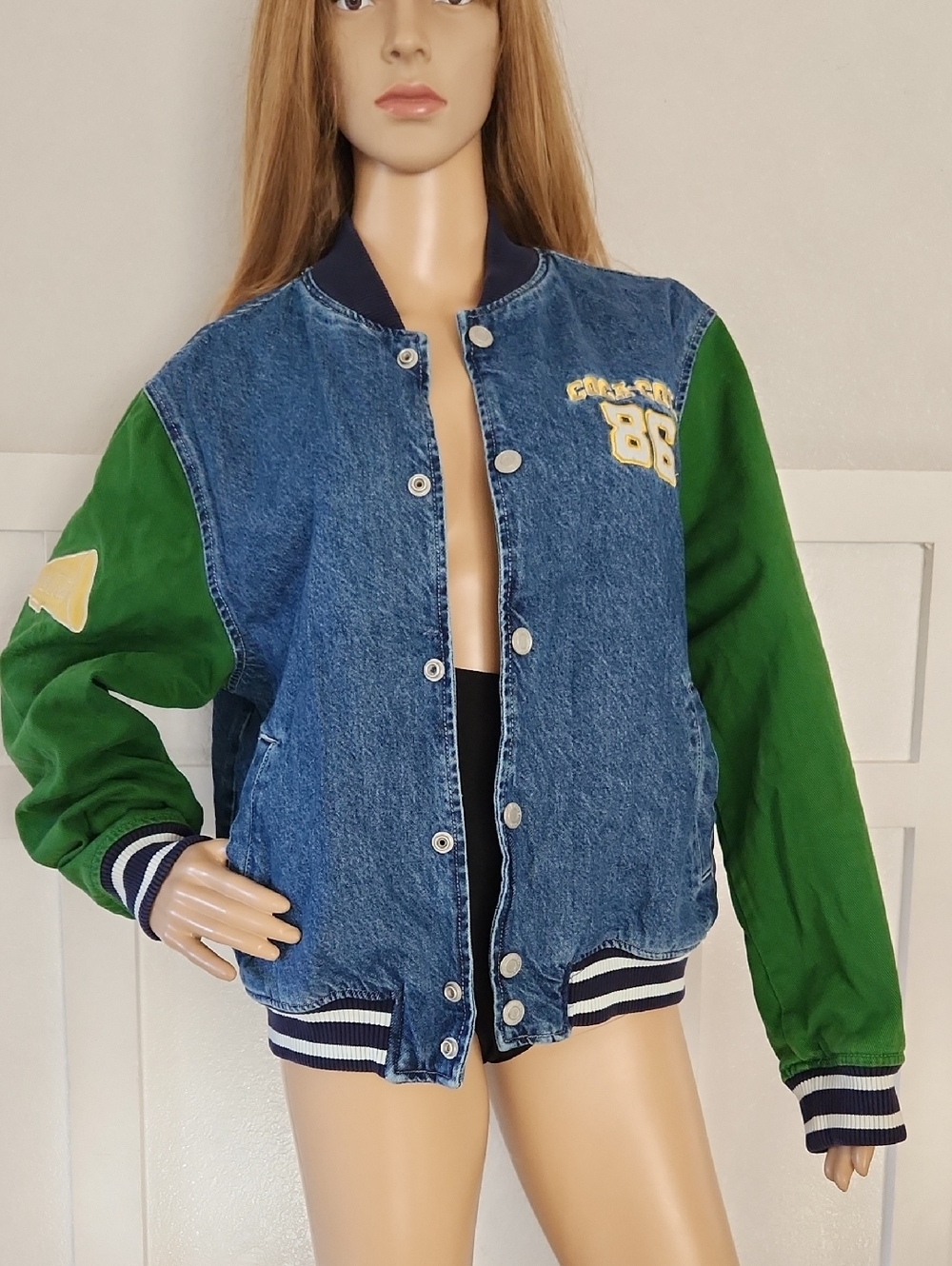 Coca Cola Blue Denim and Green Varsity Jacket with '86' Patch